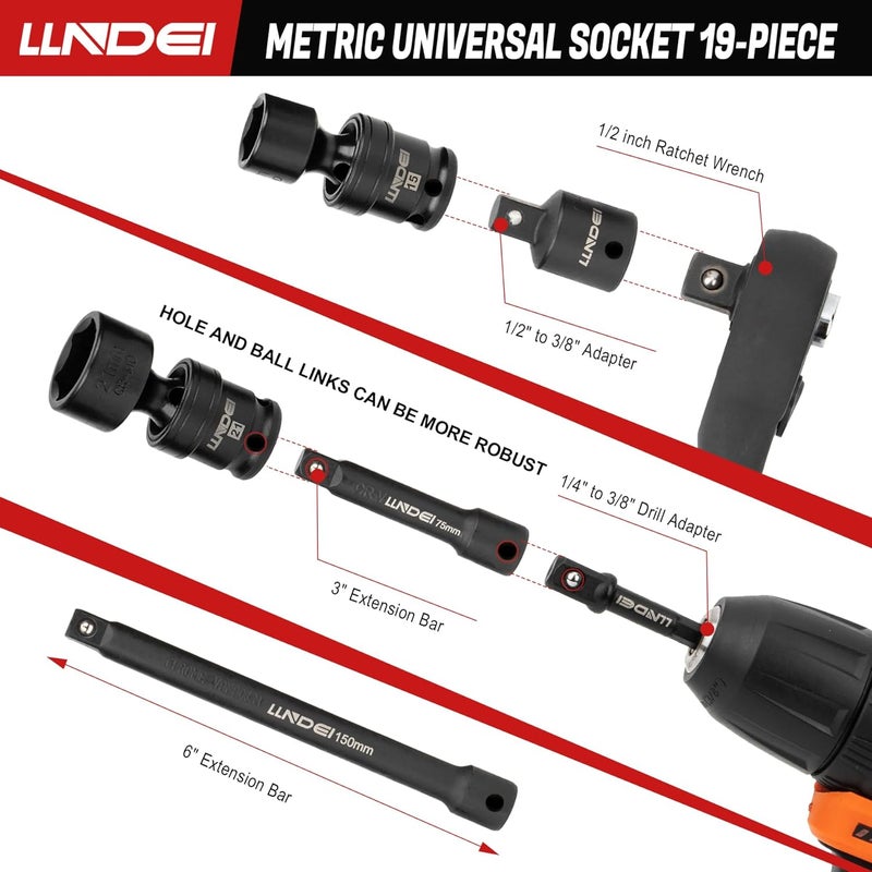 LLNDEI 3/8" Drive Universal Impact Socket Set, 19 Pieces CR-MO Swivel Socket Set, Metric(8-22mm) Wobble Sockets 6 Point with Extension Bars, Adapter and Black Organizer - Image 5